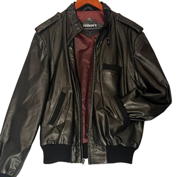 Vintage Wilson’s Leather Black Leather Bomber Jacket Men’s 44 Biker Flight Racer - Picture 1 of 10